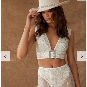 12th Tribe White and Silver Embellished Crop Top